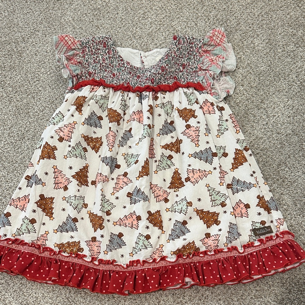Festive Tree Print girls Dress with Ruffle Hem